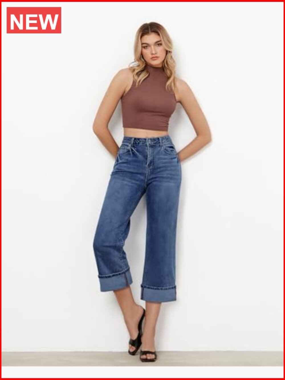 Wide Leg High Waisted Stretchy Denim Crop Pants with Pockets - Picture 3 of 7